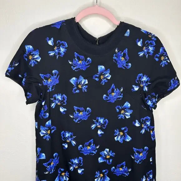 Proenza Schouler Floral Print Blue Black Tie Back Short Sleeve Mini Shift Dress - Picture 4 of 16